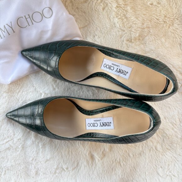 Jimmy Choo Love 85 Dark Green Croc Embossed Pointed Toe Pumps Size 35.5 - Picture 3 of 8